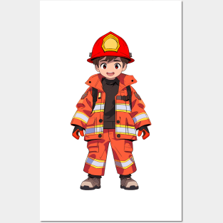 Happy Cartoon Firefighter Fire Man Posters and Art